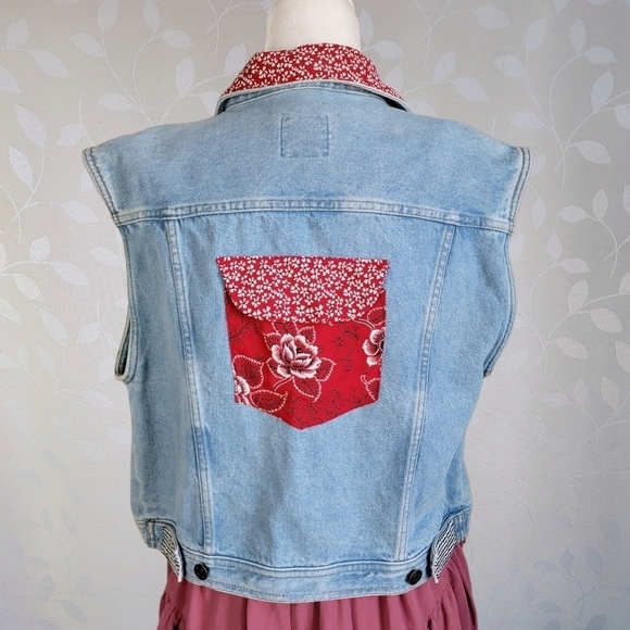 Vintage Gingham Paisley Floral Bandana Patch Pockets Denim Vest The Picket Fence - Picture 8 of 15